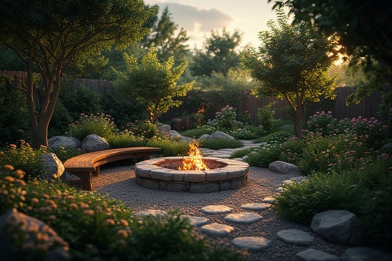A natural backyard fire pit surrounded by plants, flowers, and stone pathways.