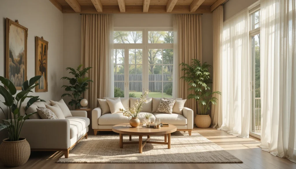 Cozy Home Interiors for Warm and Inviting Spaces 14 Sunlit living room with sheer curtains and neutral tones.