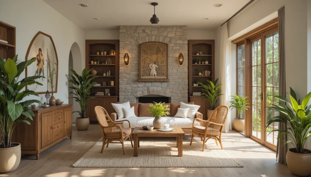 Cozy Home Interiors for Warm and Inviting Spaces 5 Cozy interior with wood, stone, and rattan elements adding warmth.