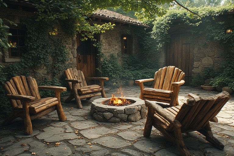 Cozy Patio Fire Pit Ideas for a Warm Outdoor Space 5 Rustic stone fire pit with wooden chairs and natural garden decor.