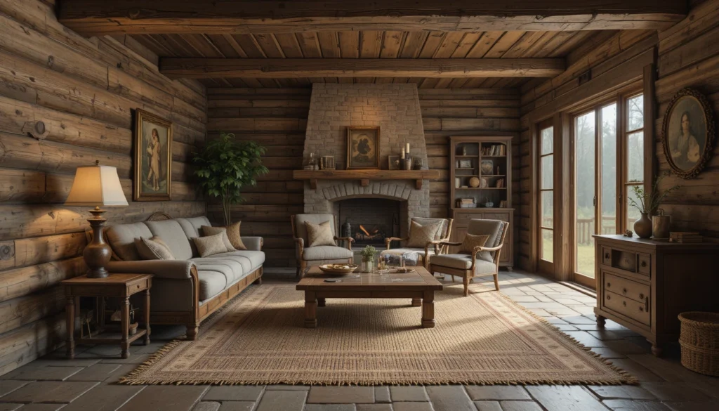 Rustic Cabin Interiors: Cozy Charm and Timeless Design Ideas 3 Cabin interior with natural materials like wood, stone, and woven accents for an authentic rustic look.