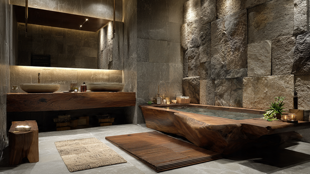 16 Luxurious Bathroom Design Ideas for a Spa-Like Retreat 2 Luxurious bathroom with stone, wood, and marble materials for a natural spa feel.