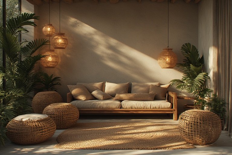 16 Affordable Cozy Home Decor for Modern Interiors 13 Living space combining wood, rattan, and stone for organic modern style.