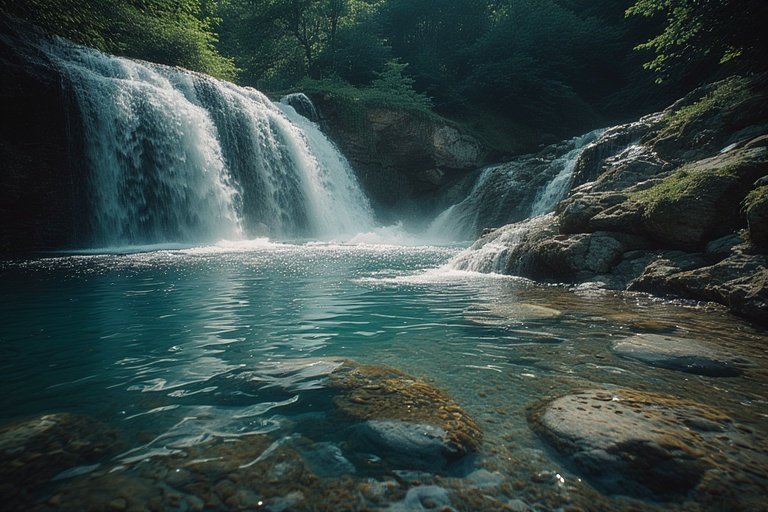 Waterfall Ideas for Hillside Landscapes 5 Cascading hillside waterfall with natural pools and reflective water among rocks.