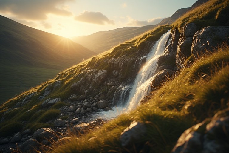 Waterfall Ideas for Hillside Landscapes 2 Waterfall cascading along a natural hillside slope with mossy rocks and wild grass in morning light.