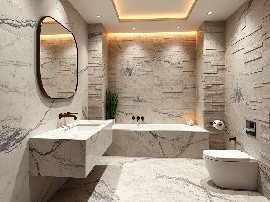 Bathroom with natural stone accents including marble vanity and granite tiles.
