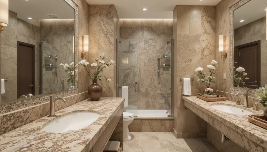 Luxury Bathrooms Inspiration 9 Natural stone accents in luxury bathroom with modern fixtures.