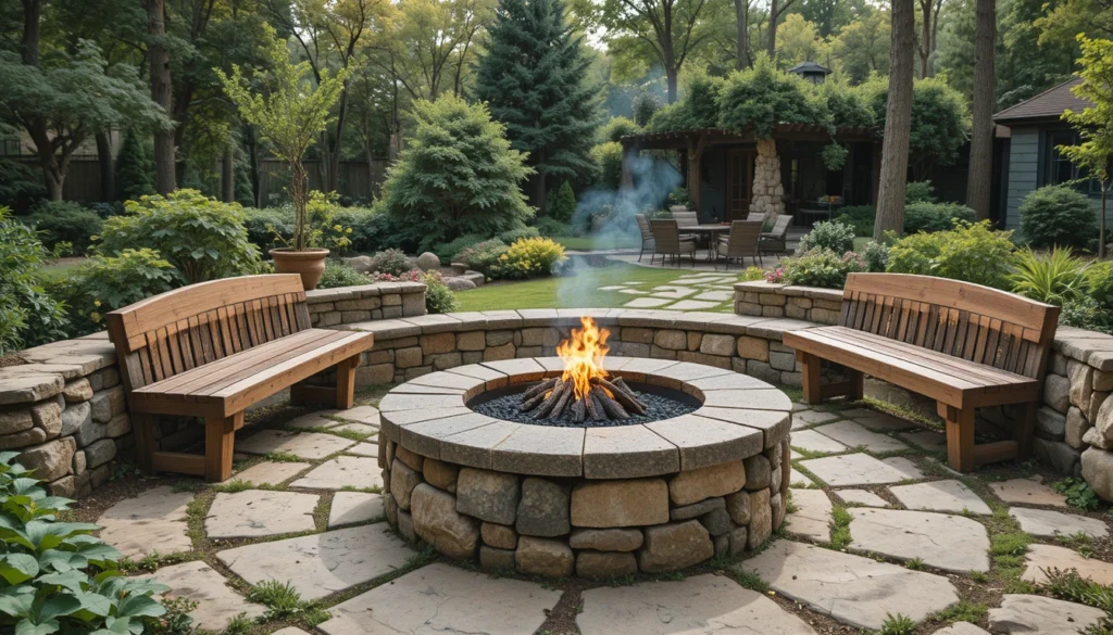 16 Cozy and Modern Backyard Fire Pit Ideas 4 Granite stone fire pit surrounded by wooden benches and lush plants.