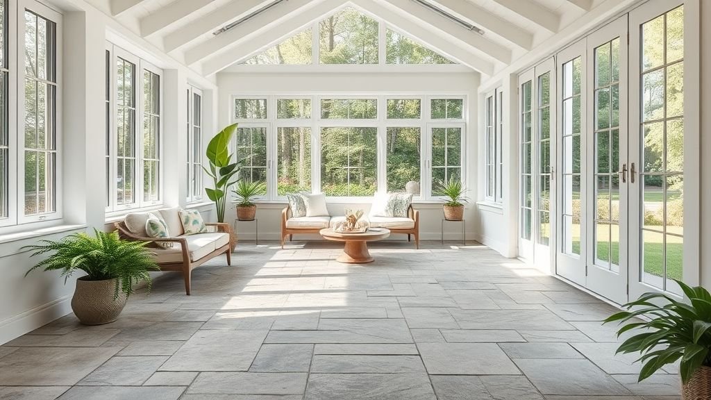 Sunroom Design Ideas for Bright and Relaxing Spaces 10 sunroom with natural stone flooring and soft modern furniture