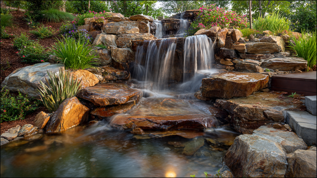 Natural stone waterfall cascading over colorful rocks on a hillside garden with lush plants and soft lighting.