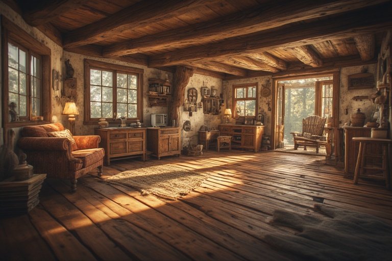 Modern Rustic Cabin Retreat: Cozy Design Ideas for a Warm, Inviting Home 2 Cabin interior filled with natural wood elements, including beams, walls, and furniture.