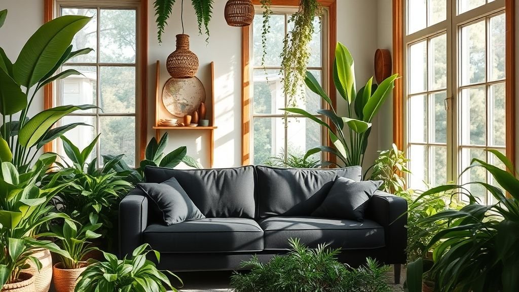 12 Stunning Black Couch Living Room Ideas with Style 9 Black couch surrounded by lush green plants and wooden decor in a bright natural setting.