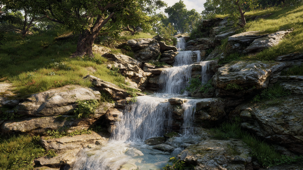 16 Natural Stone Waterfall for Hillside Beauty and Relaxation 2 Natural stone waterfall on a hillside with uneven rocks and flowing water surrounded by lush plants.