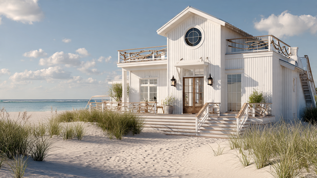 Nautical-style coastal house with rope details and porthole windows by the shore.