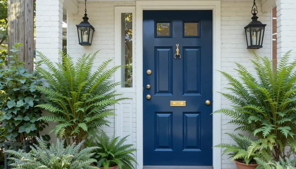 Navy-blue front door with gold hardware and potted plants on white brick exterior.