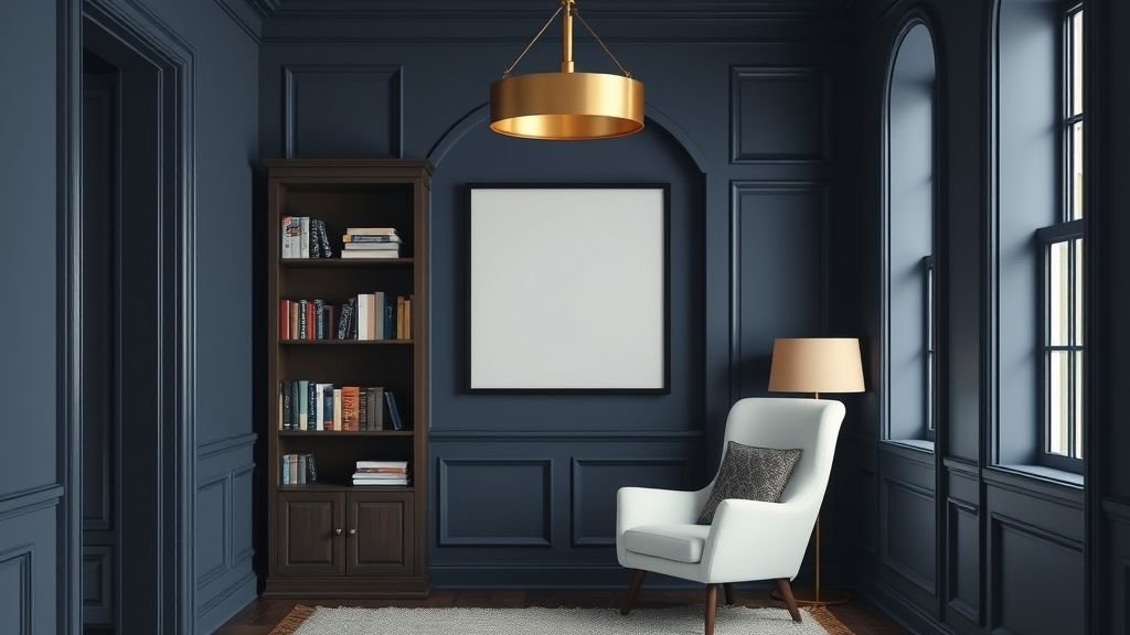 Cozy Reading Nook Ideas for a Peaceful Escape 8 Navy blue reading nook with white chair and warm pendant light.