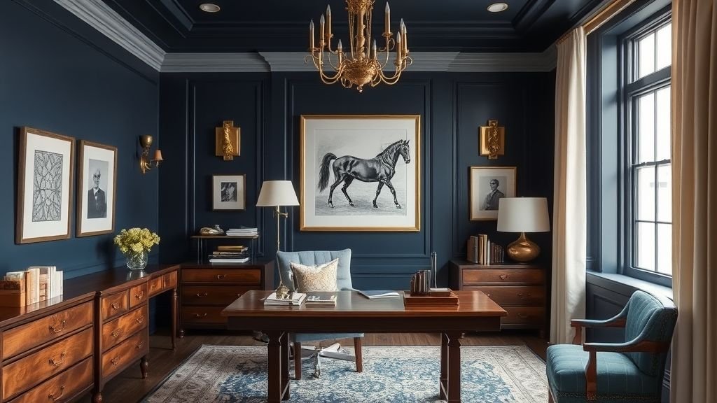 Home Decor Ideas for a Stylish and Inviting Space 12 Navy blue study with brass lighting and wooden textures for a stylish contrast.