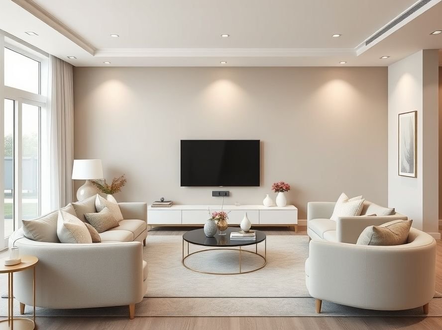 Modern Living Room Designs: Stylish Ideas for a Contemporary Home 2 Modern living room featuring a neutral color palette with subtle accent tones and metallic decor.