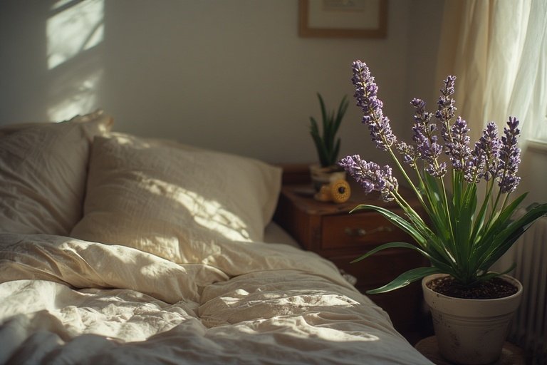 Plant Lover Bedroom Ideas: Bring Nature Into Your Sleep Sanctuary 9 Bedroom with lavender and peace lily plants on a nightstand beside cream bedding.