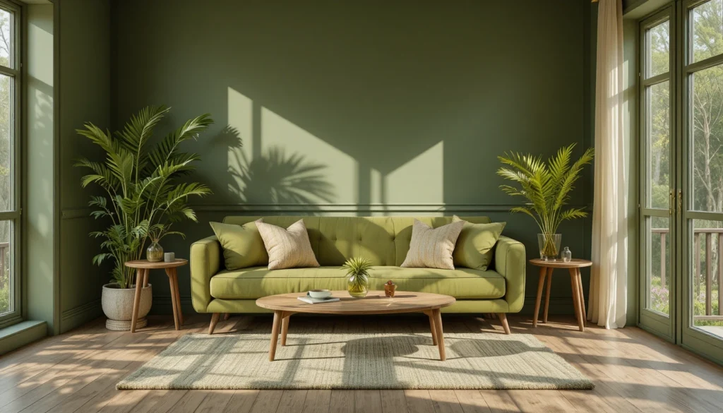 Cozy Home Interiors for Comfort and Timeless Charm 3 A cozy home interior in olive green tones with natural wood furniture and sunlight.