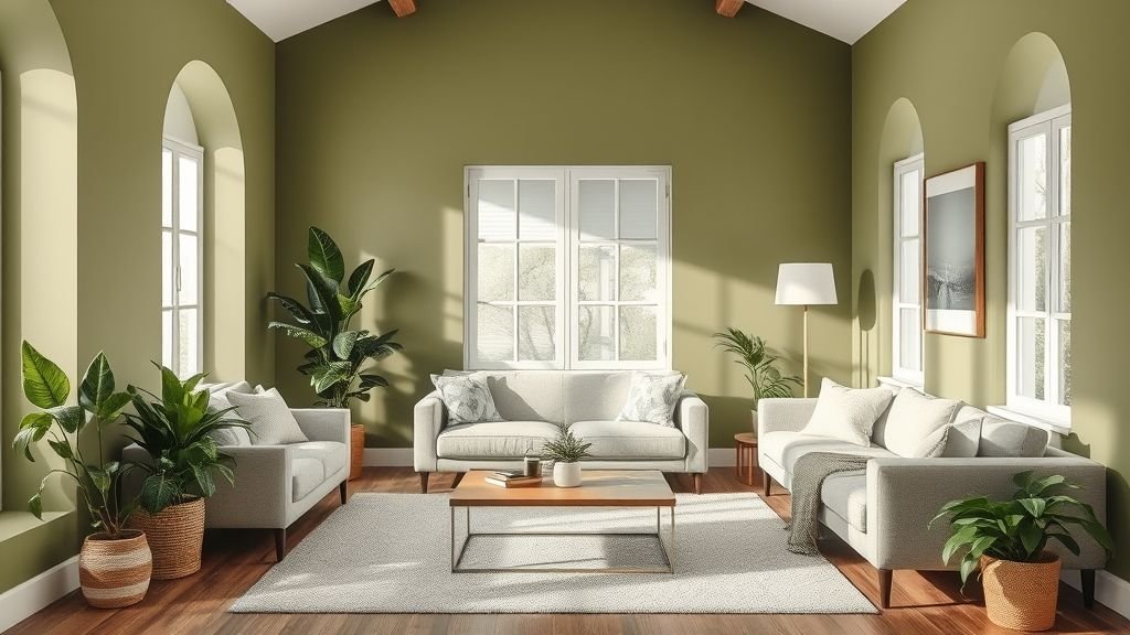 Home Decor Ideas for a Stylish and Inviting Space 4 Olive-green accented living room with neutral sofa and potted plants for a calming feel.