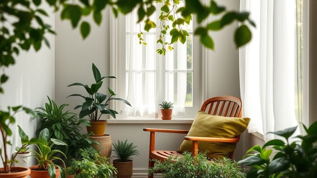 Cozy Reading Nook Ideas for a Peaceful Escape 3 Green reading nook with plants, wooden chair, and natural light.