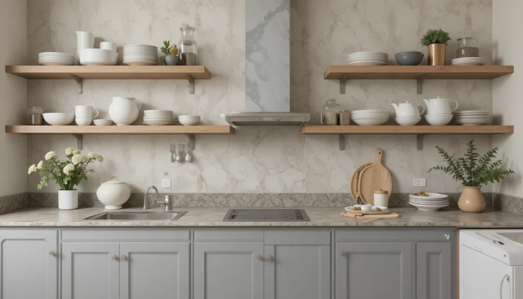 Modern Kitchen Design for Stylish Functional Living 15 Modern kitchen mixing open shelves and closed cabinets for a functional, stylish layout.