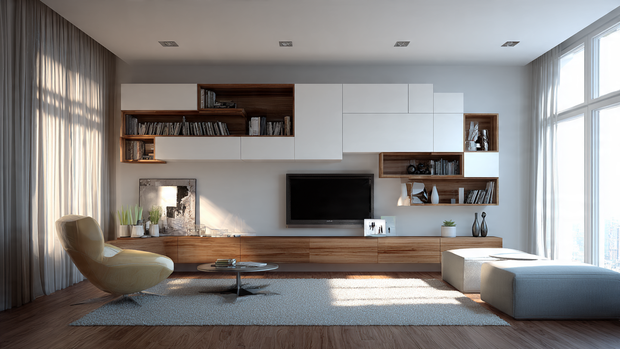 A living room TV wall combining open shelves and closed storage units in a balanced modern layout.