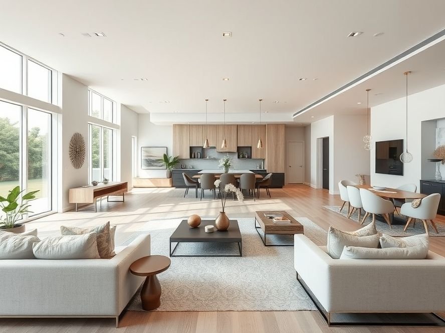 Modern Living Room Designs: Stylish Ideas for a Contemporary Home 4 Open-concept modern living room connected to dining area with neutral tones and airy layout.