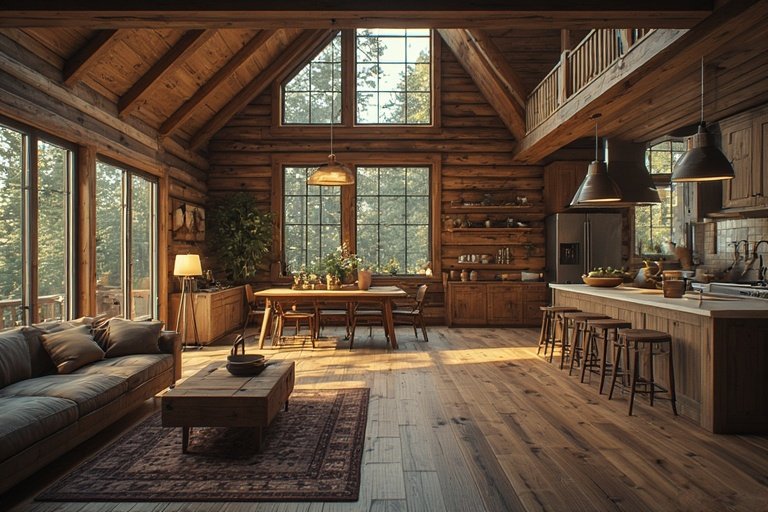 Modern Rustic Cabin Retreat: Cozy Design Ideas for a Warm, Inviting Home 3 Open-concept modern rustic cabin interior with wood textures and seamless living areas.
