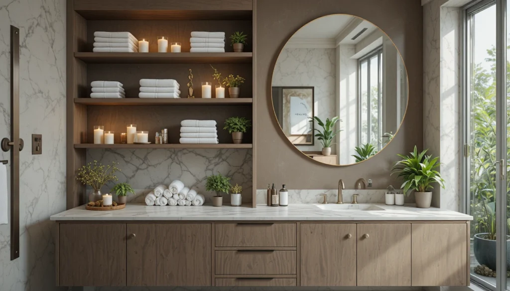 16 Bold and Beautiful Bathroom Vanity Ideas for Apartments 11 Vanity with open shelves displaying towels and candles in cozy apartment bathroom.