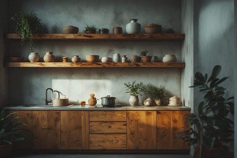 Modern Kitchen Ideas for Stylish and Functional Spaces 9 Modern kitchen with open wooden shelves and white minimalist design