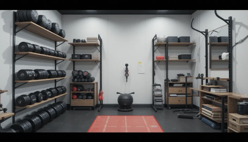 Gym Decor Ideas for Home 7 Organized home gym with wall racks, shelves, and minimalist storage solutions.