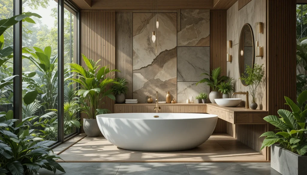 Luxury Bathroom & Shower Design Ideas 11 Luxury bathroom with greenery, natural wood textures, and organic spa vibes.