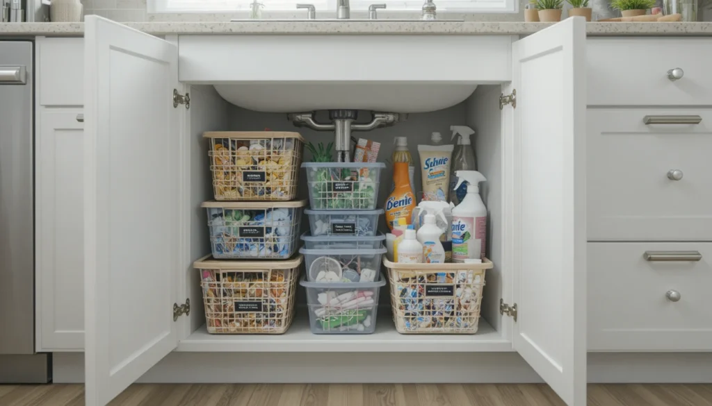 Kitchen Organization Ideas for a Beautiful and Functional Home 11 Organized under-sink area with labeled bins and neatly arranged cleaning supplies.