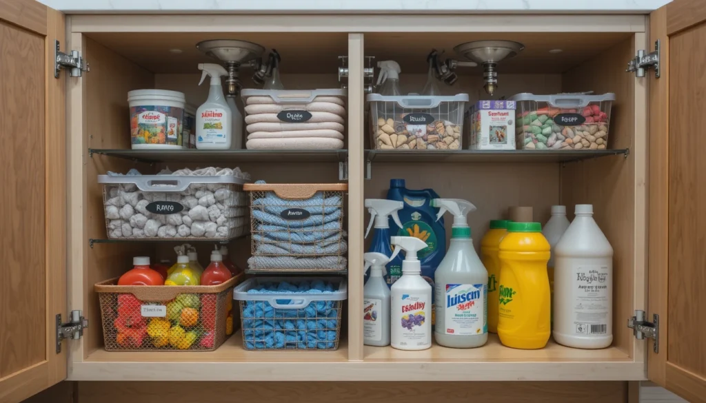 Kitchen Organization Ideas for a Beautiful and Functional Home 8 Under-sink cabinet neatly organized with pull-out baskets and cleaning supplies.