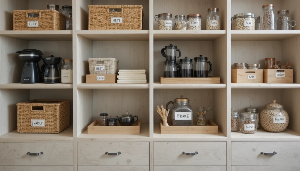 Coffee Bar Ideas for a Stylish and Cozy Home Setup 13 Organized coffee bar with baskets, drawers, and trays.