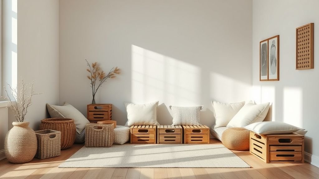 Stylish Floor Seating Ideas for Cozy Spaces 11 Floor seating setup with organized storage baskets and neatly arranged cushions.