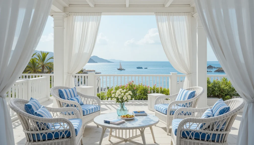 Relaxing coastal outdoor lounge with rattan furniture and ocean view.