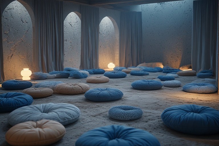 Floor Seating Ideas for a Cozy and Stylish Space 13 An outdoor floor seating setup with teal and sand cushions under string lights.