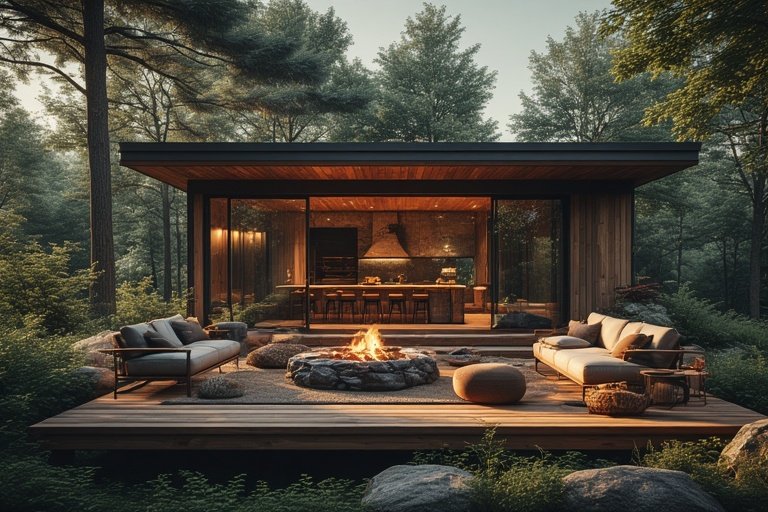Modern Rustic Cabin Retreat: Cozy Design Ideas for a Warm, Inviting Home 11 Outdoor living extension of a rustic cabin with wooden deck and forest views.