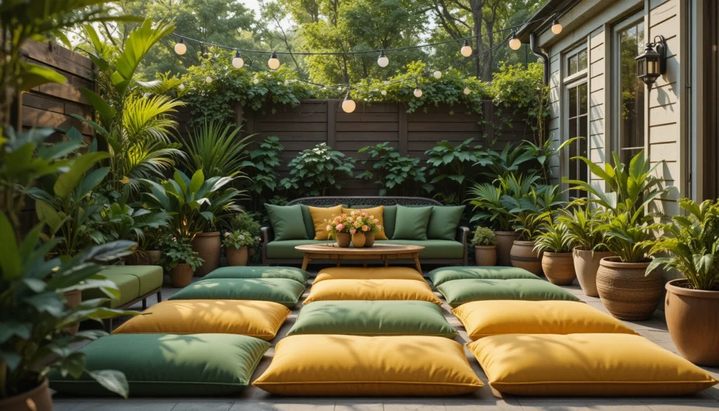 16 Stylish Ideas for Decorating with Comfy Floor Cushions 13 Cozy outdoor patio with weatherproof floor cushions and hanging lights.