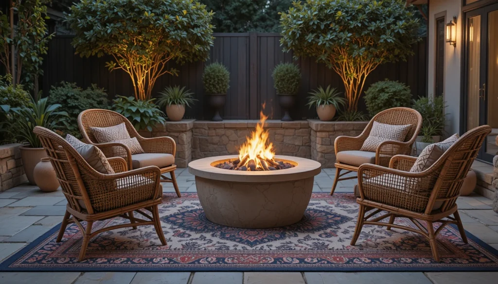 Cozy Patio Fire Pit Ideas for a Warm Outdoor Space 13 Fire pit setup with patterned outdoor rug and woven chairs.
