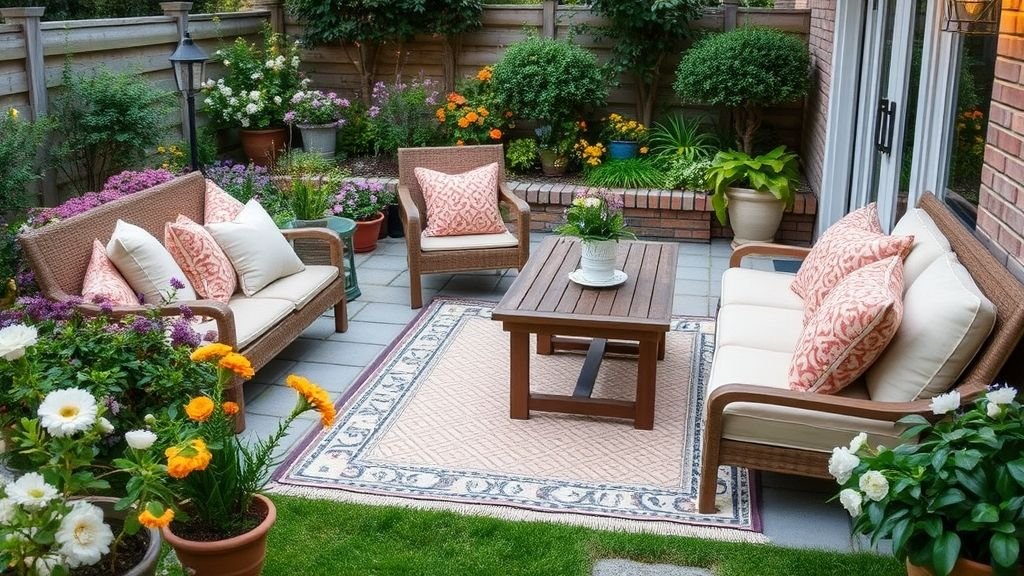 16 Creative DIY Ideas for a Modern Home Garden 15 Cozy outdoor seating area with rug, cushions, and flowers.