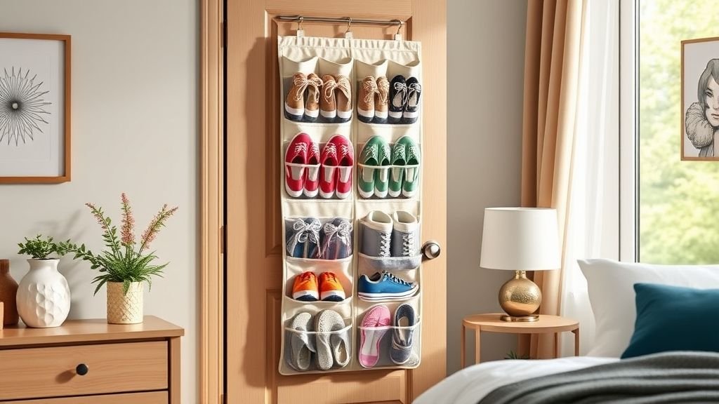 Shoe Storage Ideas for Stylish and Organized Homes 8 Fabric over-the-door shoe organizer with multiple pairs of shoes in a bright small bedroom.