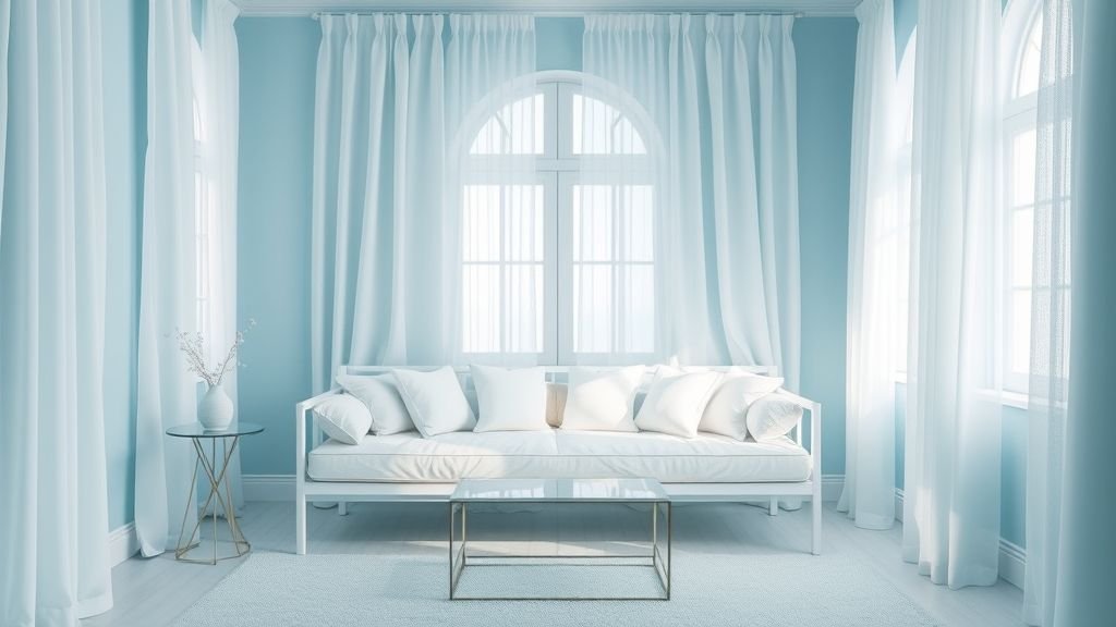 Cozy Reading Nook Ideas for a Peaceful Escape 6 Soft blue reading nook with daybed, cushions, and sunlight.