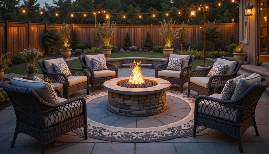 A patio fire pit surrounded by cozy seating, outdoor rug, and decorative lighting.