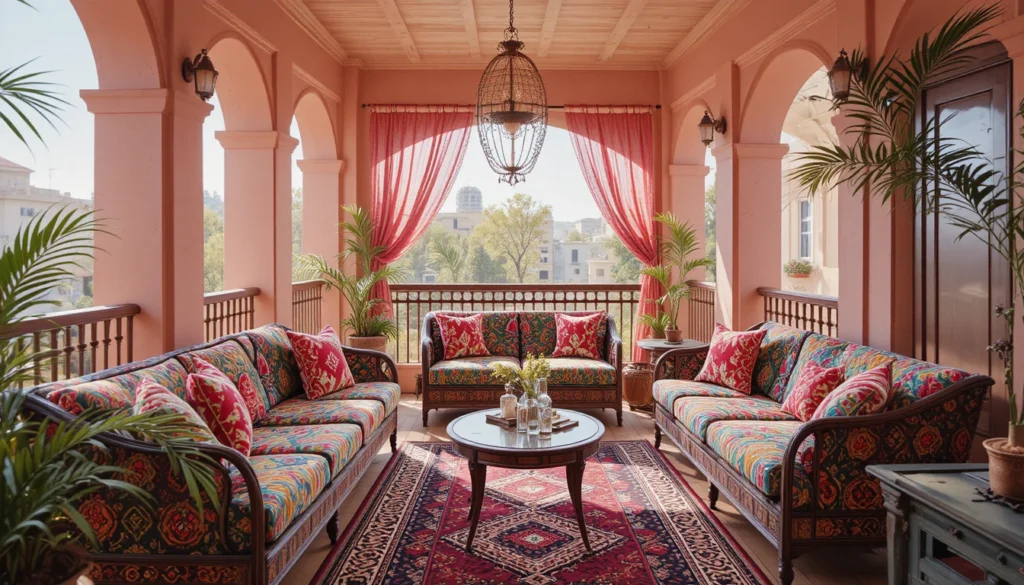 16 Stylish Balcony Ideas to Elevate Your Home Design 13 Balcony with geometric rug, colorful cushions, and boho drapes.