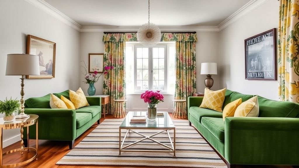 Modern Living Room Ideas 13 Vibrant living room combining geometric and floral patterns balanced with neutral furniture.