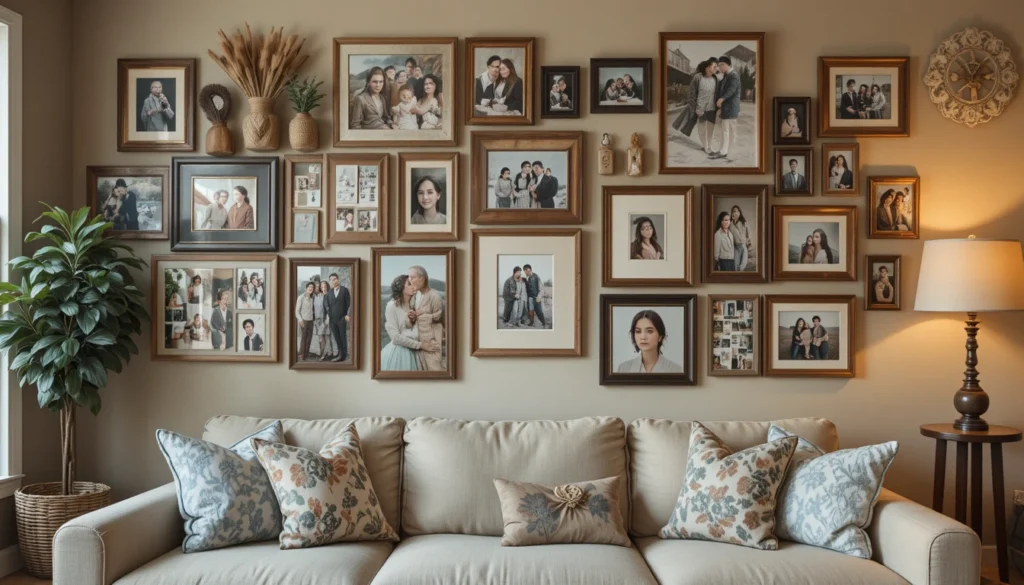 Cozy Home Interiors for Warm and Inviting Spaces 8 Living space decorated with family photos and personal art.